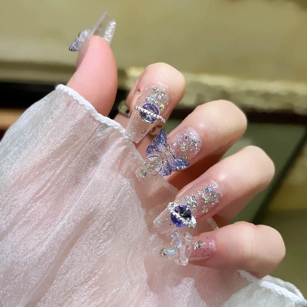 Wholesale Artificial False Nails 3D Purple Flash butterfly Artificial Fingernails French Press On nail Fingernails 10pcs