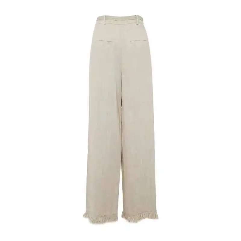 OEM Custom Fashion Frayed Edge Trousers Loose Wide Leg Drawstring Belt Korea Linen Pants for Women