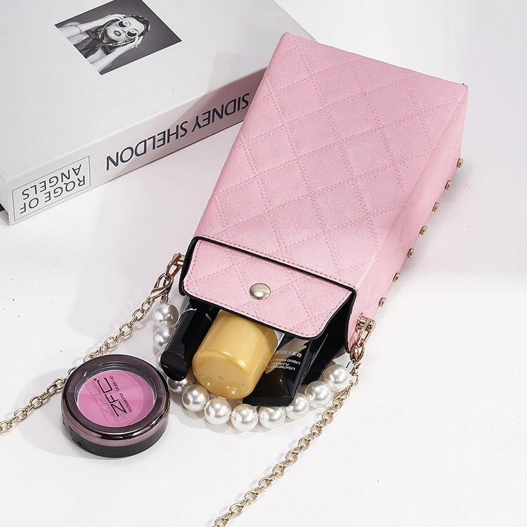 Handle Classic Diamond Sewing Crossbody Single Strap Shoulder Bag Mobile Phone Pearl Pu Leather for Girls Factory Pink Polyester
