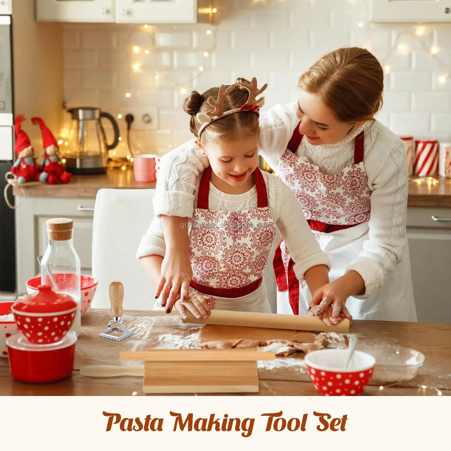 Pasta Making Tool Set Include 1 Wooden Cutter 1 Rolling Pin 1 Gnocchi Board Wood with Roller 3 Ravioli Stamp Maker Cutter