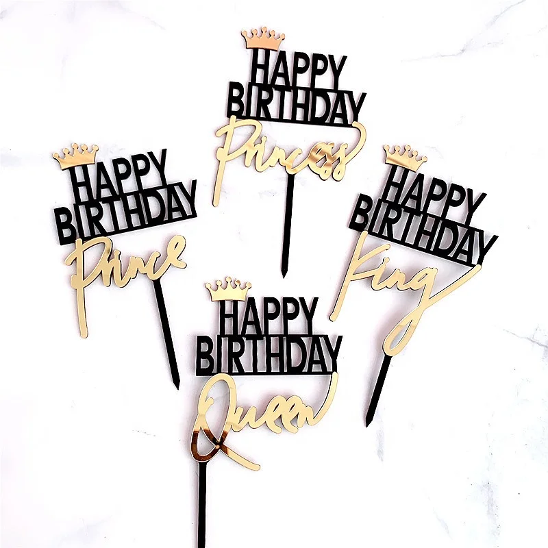 Acrylic Letter King Queen Princess Prince Happy Birthday Cake Topper With Golden Crown Bachelorette Party Supplies