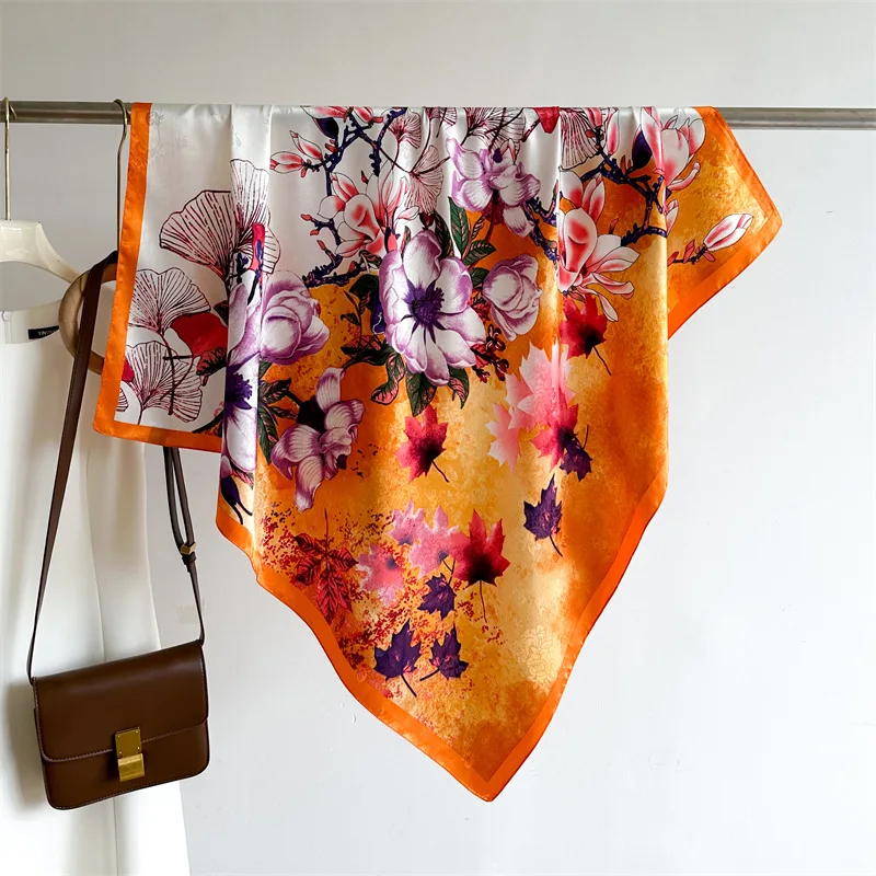 2024 Summer style custom design stylish silk satin scarf 90cm twill flower pattern square silk scarf