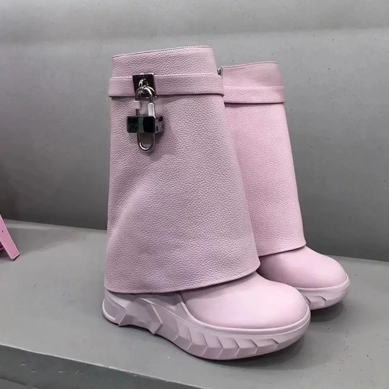 2023 Autumn Winter Shark Boots Women Shoes Muffin Thick-soled Metal Lock Trousers Boots Short Leather Luxury Designer Boots