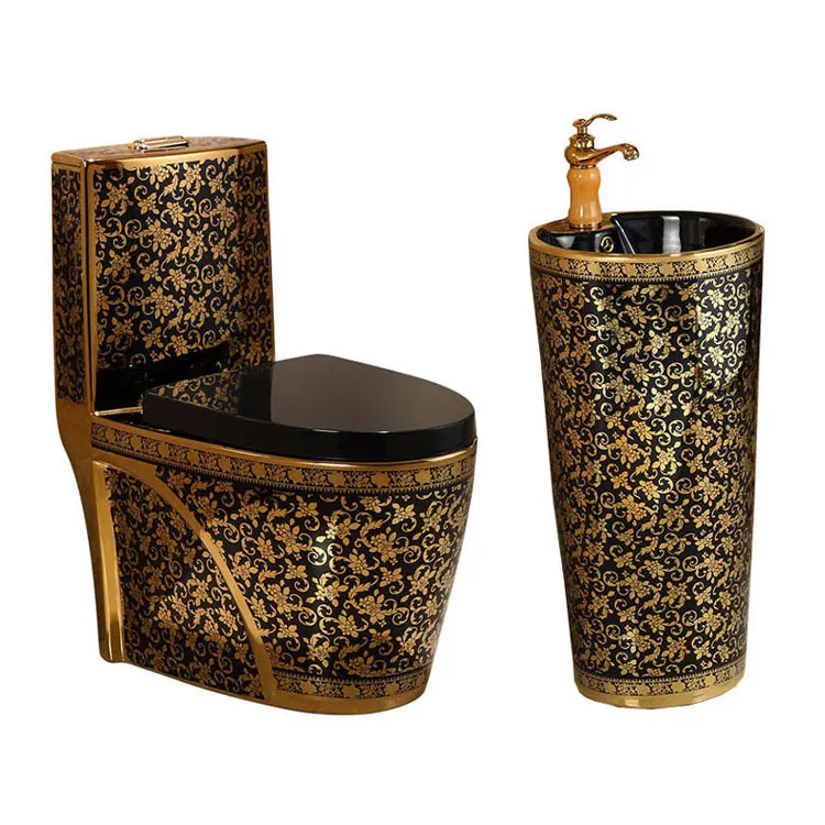 KD-01GPD Set Customized Golden Design Tangshan Sunrise Ceramic Toilets Black Color Glazed Ceramic One Piece Toilet with Basin