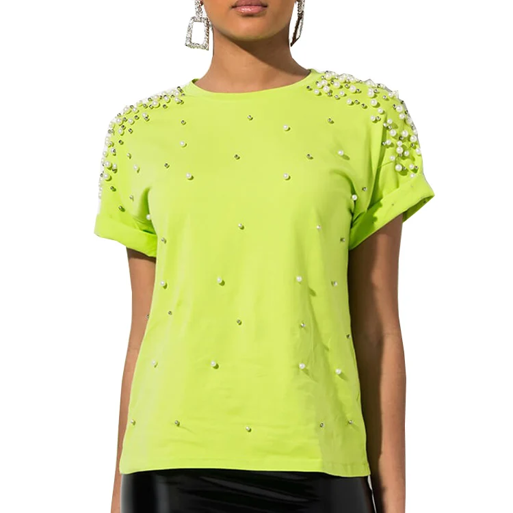 
Custom Wholesale Neon Green Pearl Embellished Short Sleeve T Shirt Women 