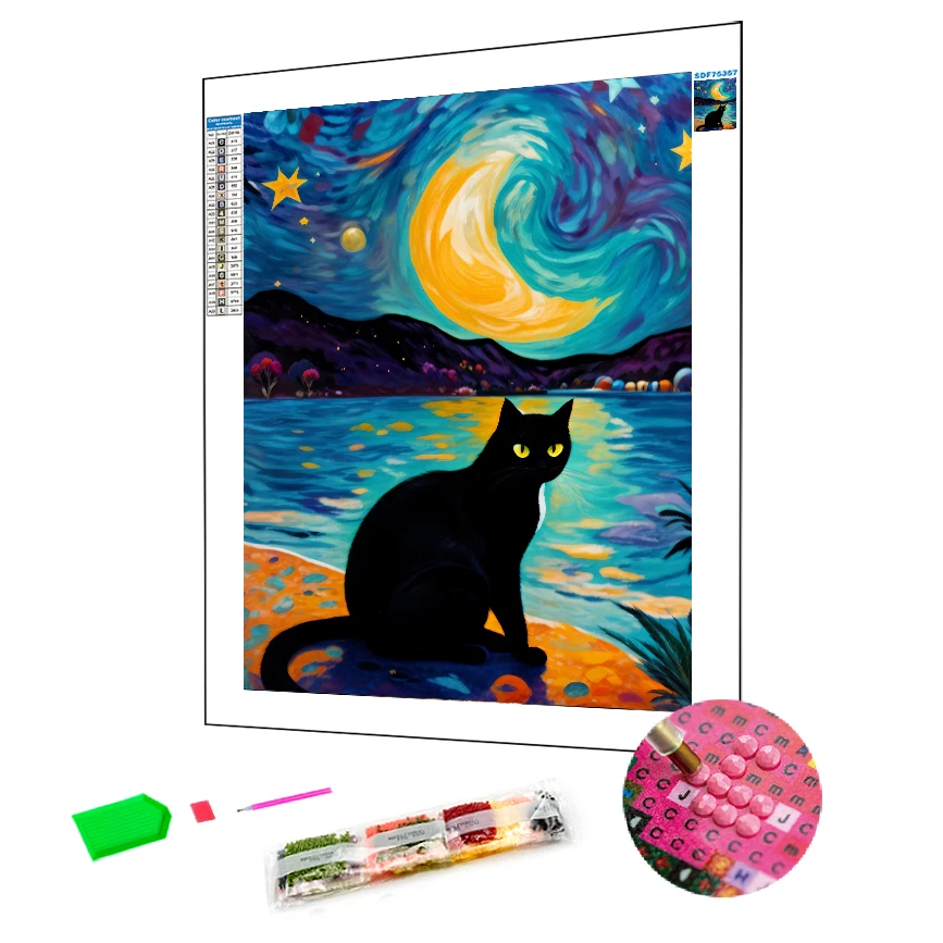 Wholesale DIY Diamond Painting Cat In The Night Abstract 5D Crystal Diamond Painting Kits Kid Room Art Decorative Painting