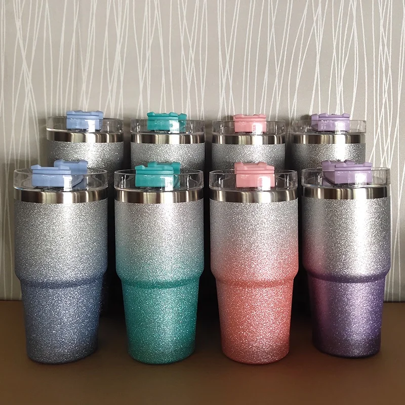 hot selling 20oz/30oz glitter coffee tumbler with straw lid double wall stainless steel insulated coffee beer drinking cup mug