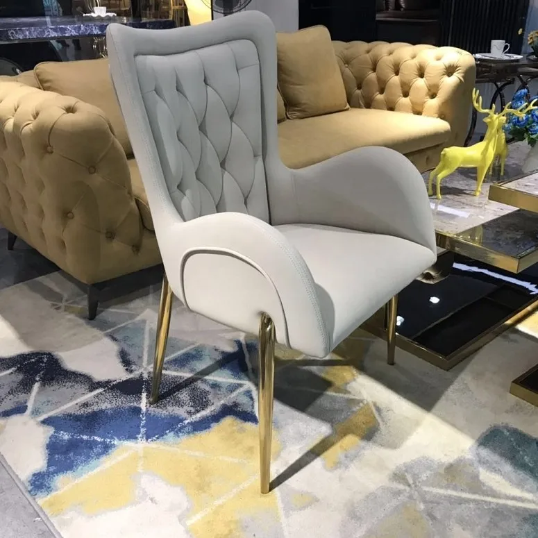 Modern nordic light luxury metal legs high back chair with arm leather gold stainless steel dining room chairs restaurant chair