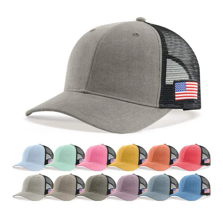 R052 Custom baseball hat with American flag net hat 6 panel cotton trucker hat