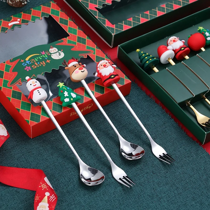 Golden Christmas Spoon Gift Set Cutlery Set Dessert Coffee Spoon 4pcs & 6pcs Christmas Spoon and Fork Set