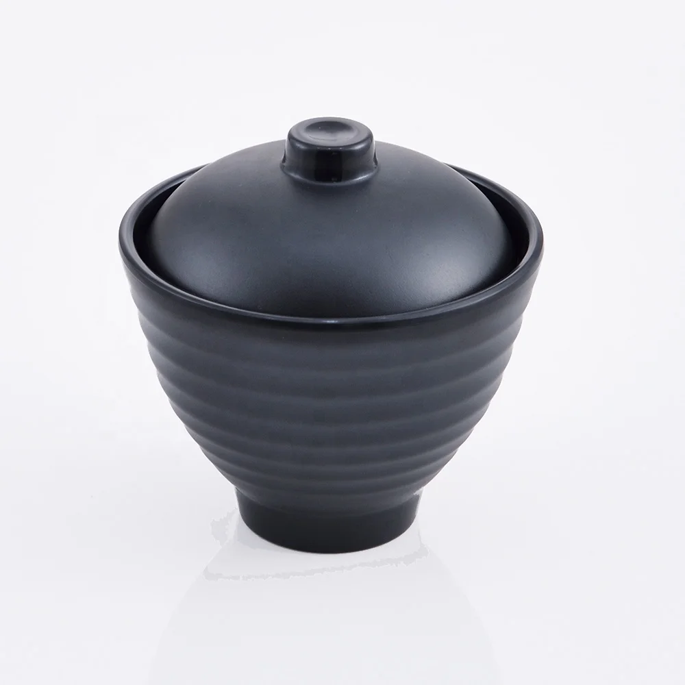 Japanese Miso Soup Serving 4 Inch Black Matte Melamine Rice Bowl with lid