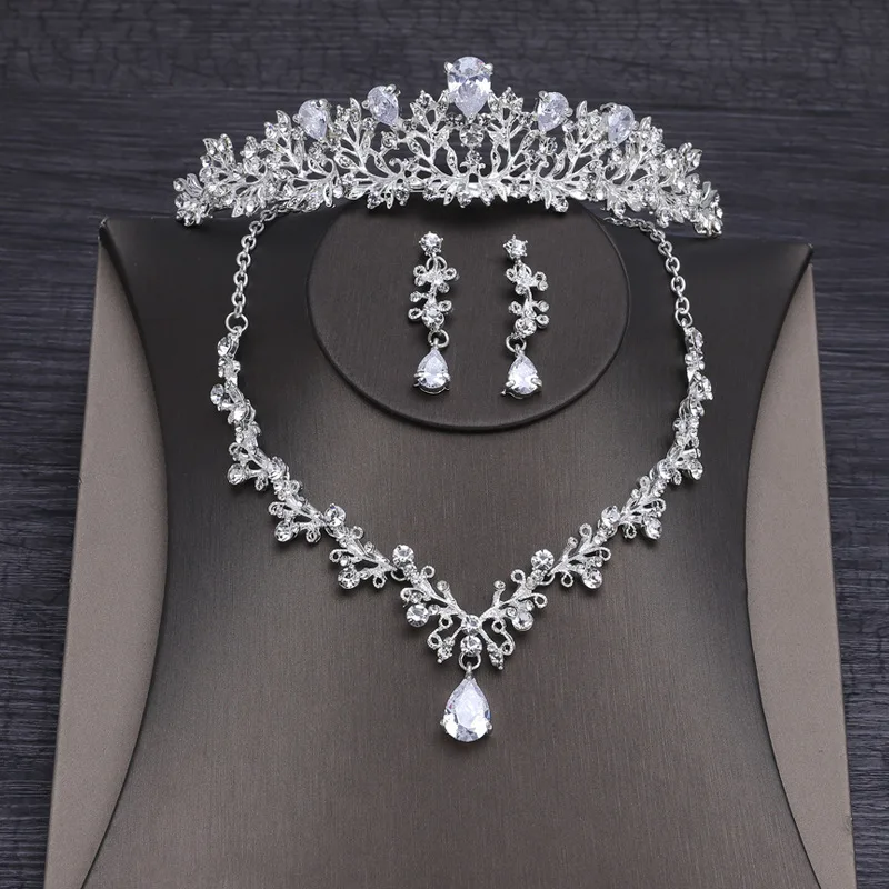 Three-piece Set Wedding Hair Accessories Necklace Earrings Jewelry Set Bride Crown