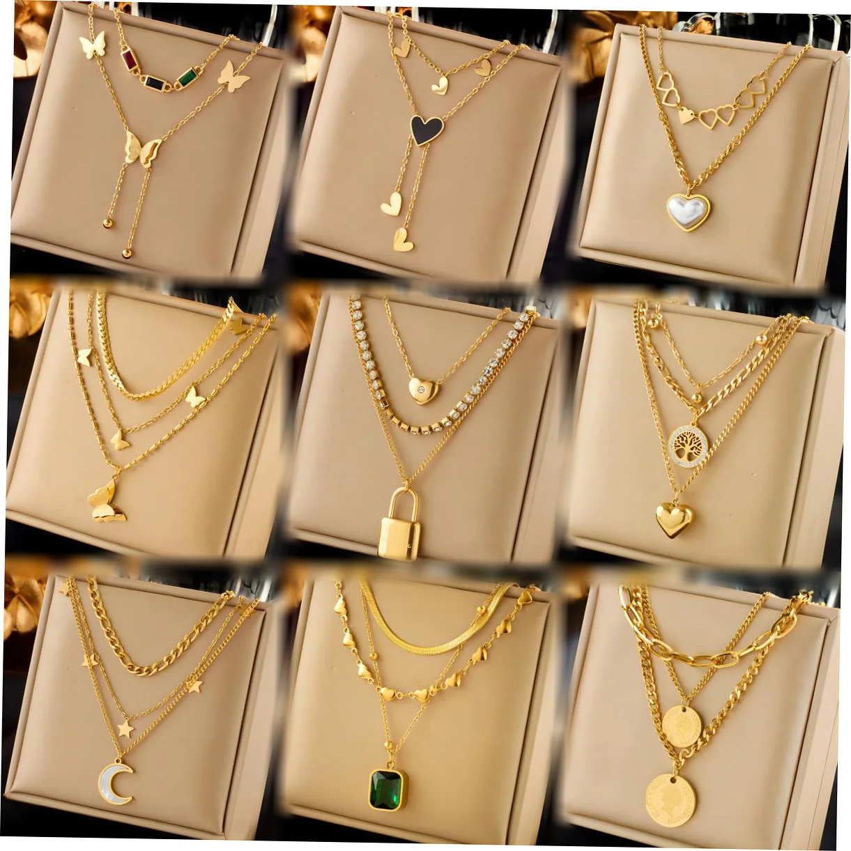 Top Quality Stainless Steel 18k Gold Pearl Layered Heart Butterfly Pendant Necklace Women Multilayer Locket Necklace Gift