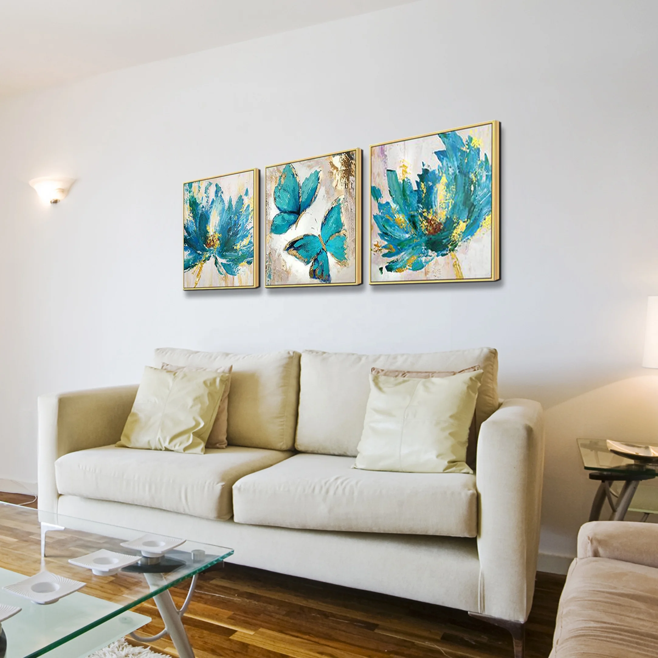 Картина маслом в золотой рамке с изображением животных, синяя бабочка, Картина на холсте ручной работы для гостиной, офиса, Настенный декор