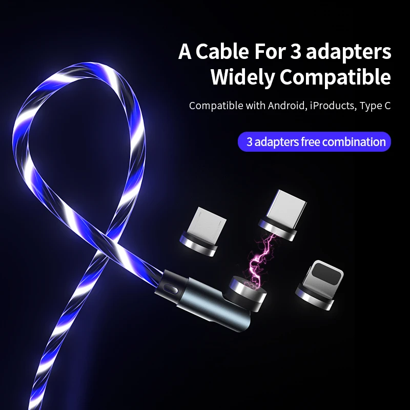 
Lm3B Amazon Top Seller 540 Rotation Type C Fast Universal Usb Magnetic Phone Charger Cable Led Luminous Flowing Micro Cable 