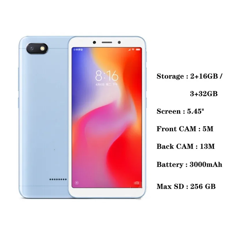 Оптовая продажа RDMI 6A 2 + 16 ГБ 3 32 двойная карта 4G LTE большой Bcreen телефон android телефоны мобильный смартфон