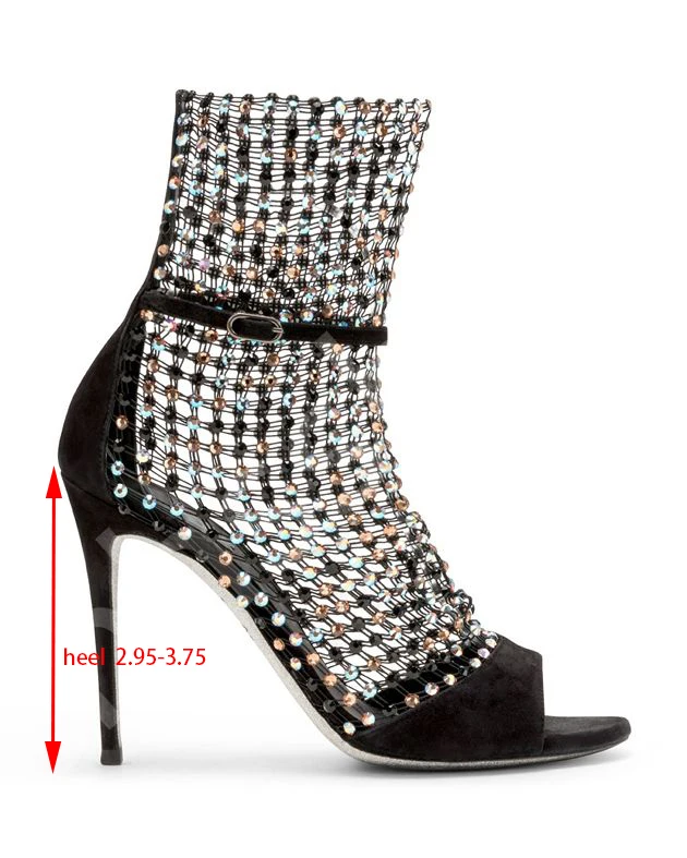 Luxury brand open toe mesh with diamond boots hot printed satin cutout roman boots 3.75inch high heel shoes for women