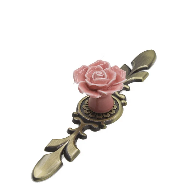 2023 wholesale rose ceramic flower cabinet knobs with green bronze backplate vintage kitchen drawer pull handle screws included