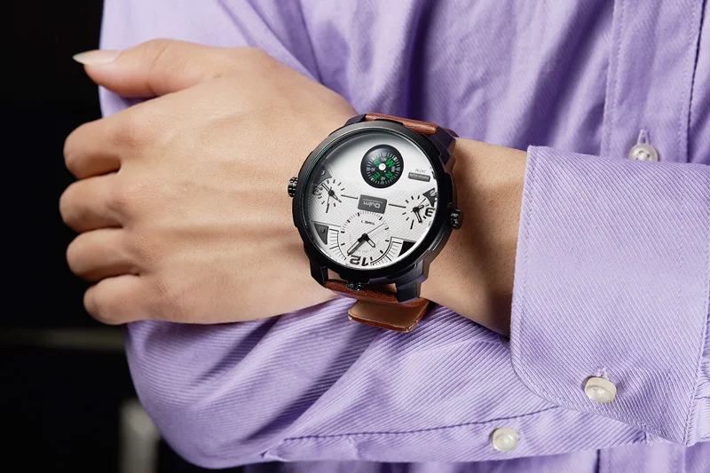 Oulm Fashion Big Dial Man Wrist Watch Men Military Dual Time Zone Casual Leather Watch Male Clock Relogio Masculino