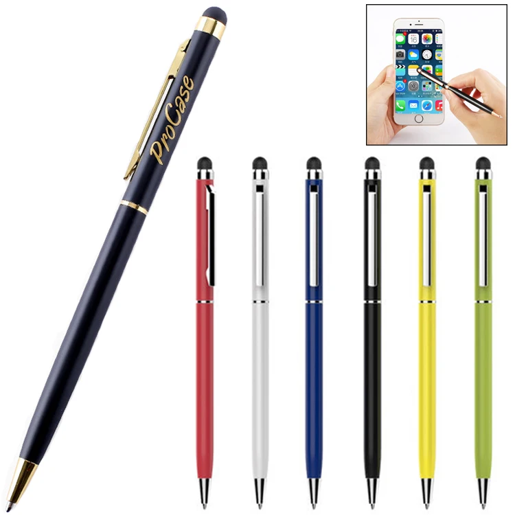 2 в 1 металлическая тонкая ручка с индивидуальным логотипом шариковая ручка со стилусом тонкая крутящая ручка для отеля и офиса