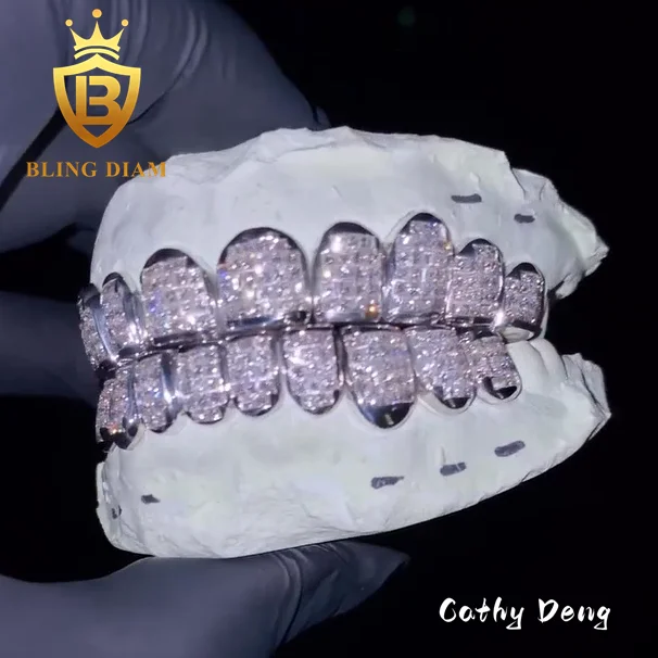 Hip Hop Jewelry Sparkle Men Fashion D VVS moissanite Grillz iced out 925 Sterling Silver Teeth Grillz  8 top 8 bottom Buss Down