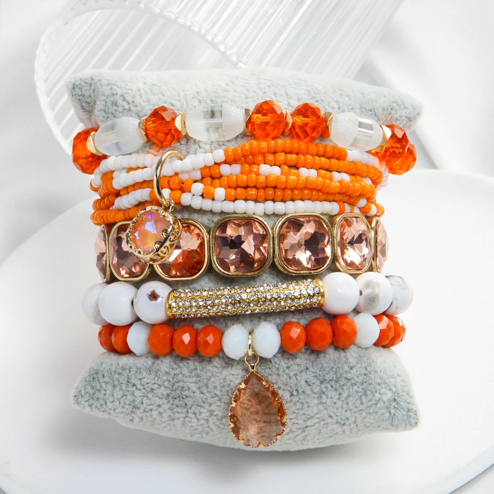 New Bohemian Women Jewelry 5pcs Glass Natural Stone Bead Elastic Bracelet Seed Bead Bracelet Drop Pendant Stacked Bracelet Set