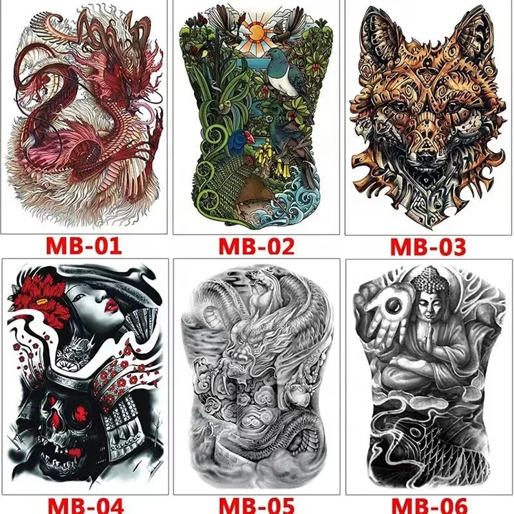 Wholesale sexy beauty skull flower lion fox peacock waterproof full back tattoo stickers