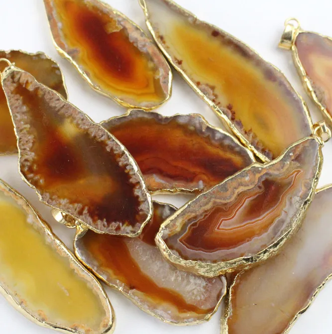 Natural Gold Plated Crystal Druzy Agate Slice Pendants Necklace for Gifts