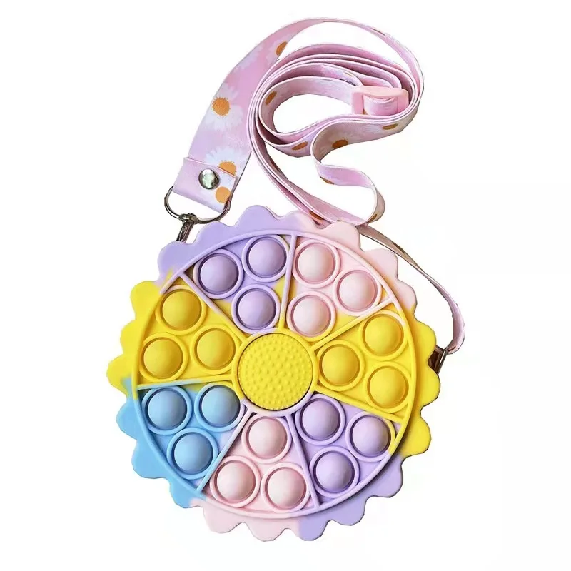 Newest design silicone stress relief bubbles bag children sunflower shape crossbody purse shoulder bag kids handbag