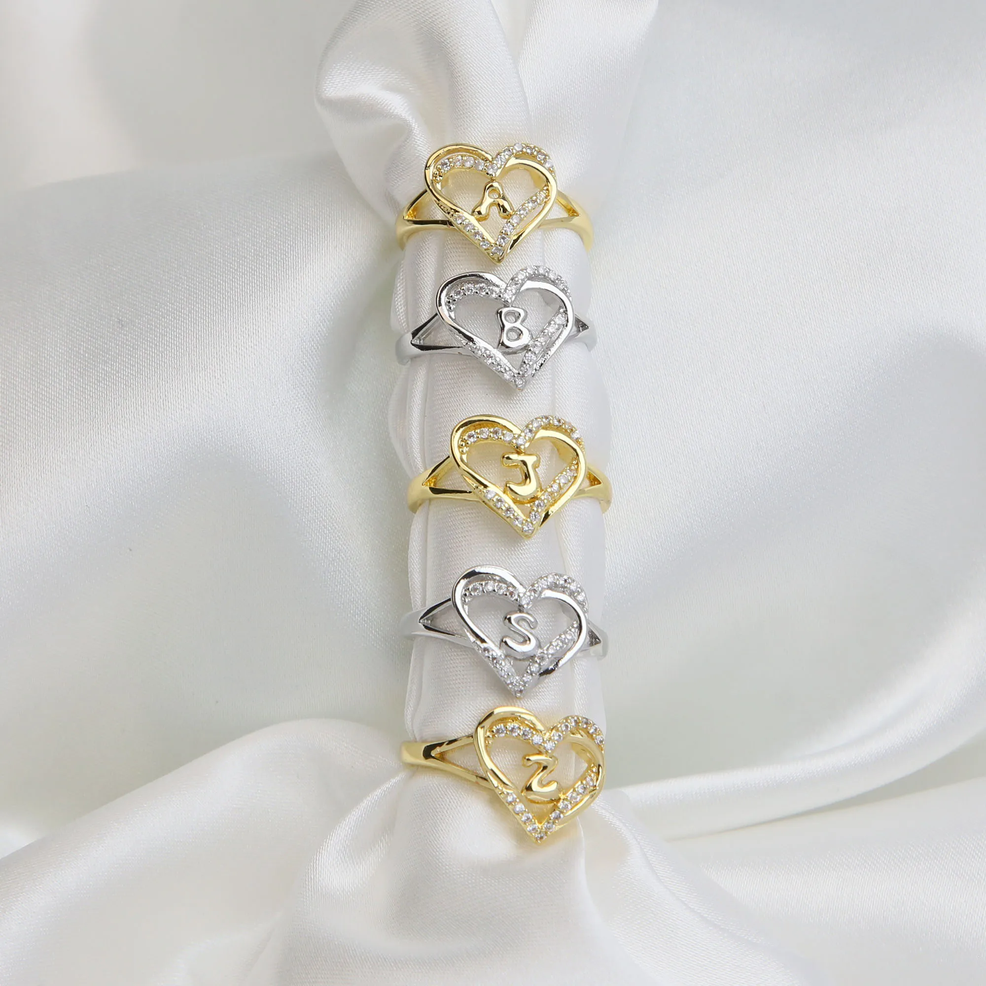 2024 INS Cute Dropshipping Personalized Enamel zircon Heart Rose Flower A-Z Letter Gold Custom Initials Adjustable stack Ring