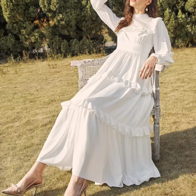 Fashion Casual Women Street Wear Long Gathered Sleeve Layered Ruffle Maxi Dress