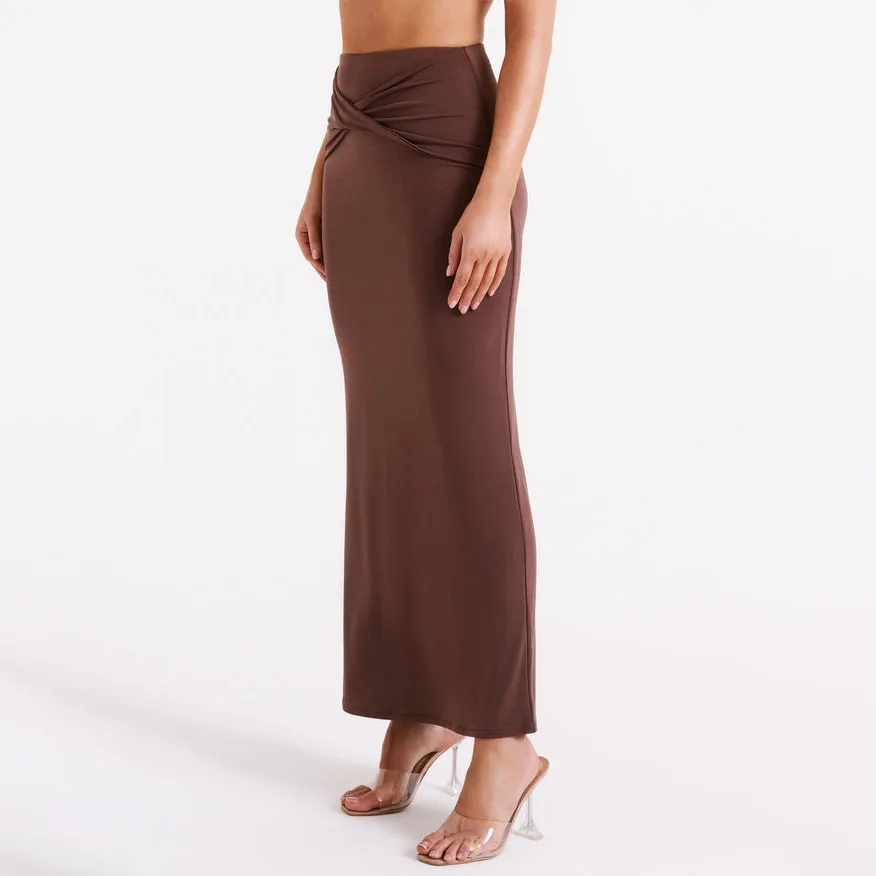 OEM Customize Casual Middle Waisted Long Skirts Women Stylish Plain Design Twisted Front Maxi Skirts