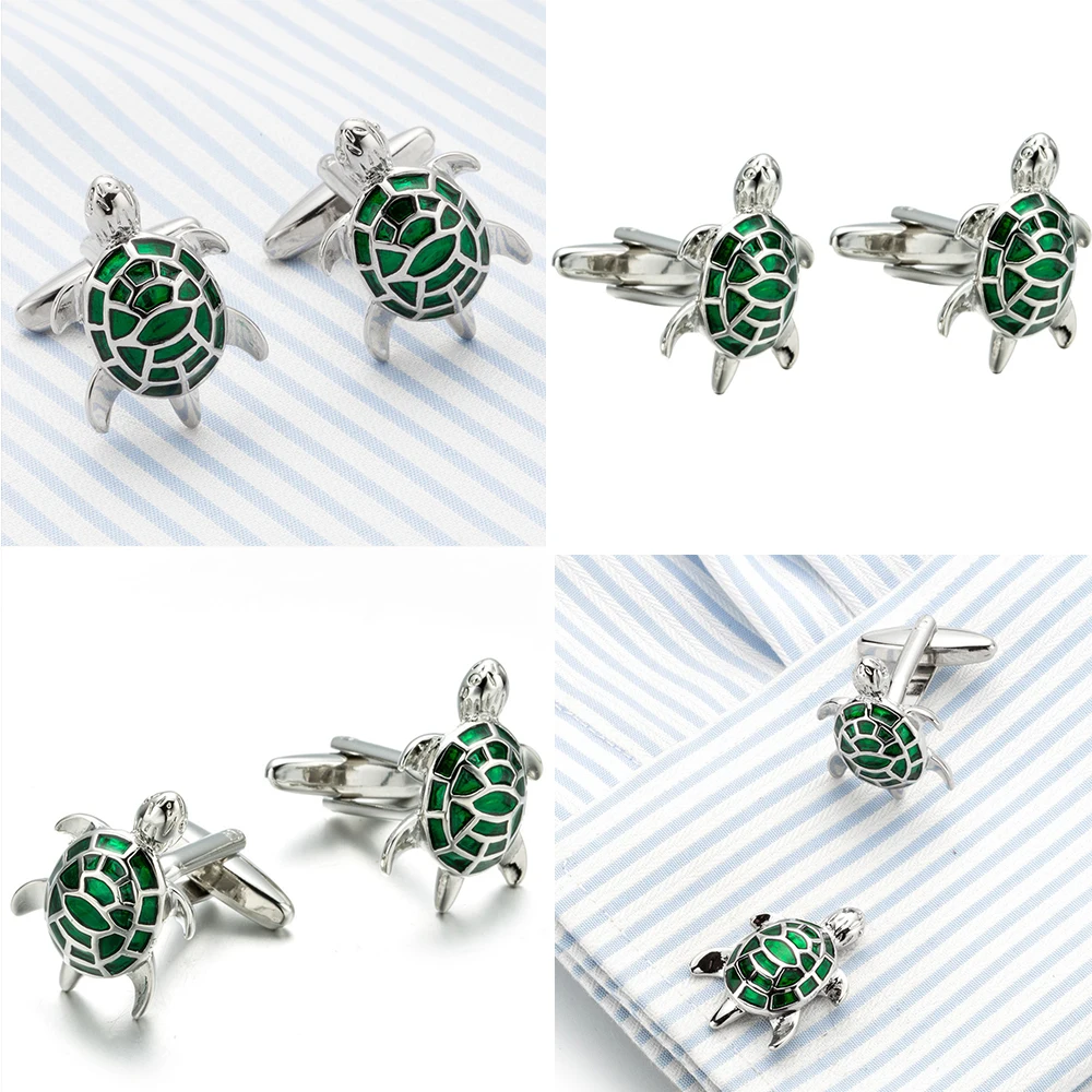 Modern Style Green Enamelled Sea Turtle Animal Copper Cuff links Cufflinks For Men