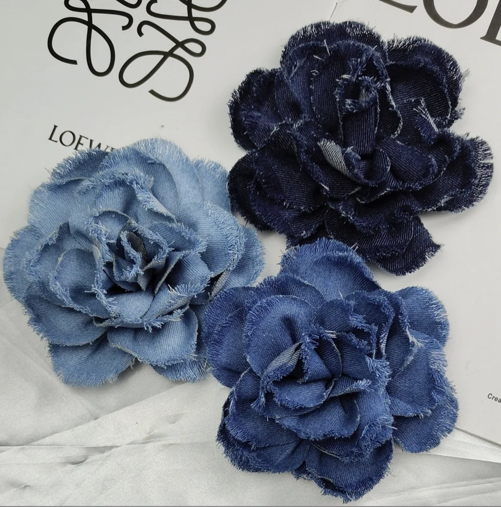 ZSY New Exaggerated Romantic Blue Denim Fabric Big Rose Flower Brooch Accessories Vintage Camellia Pendant Earrings Accessories