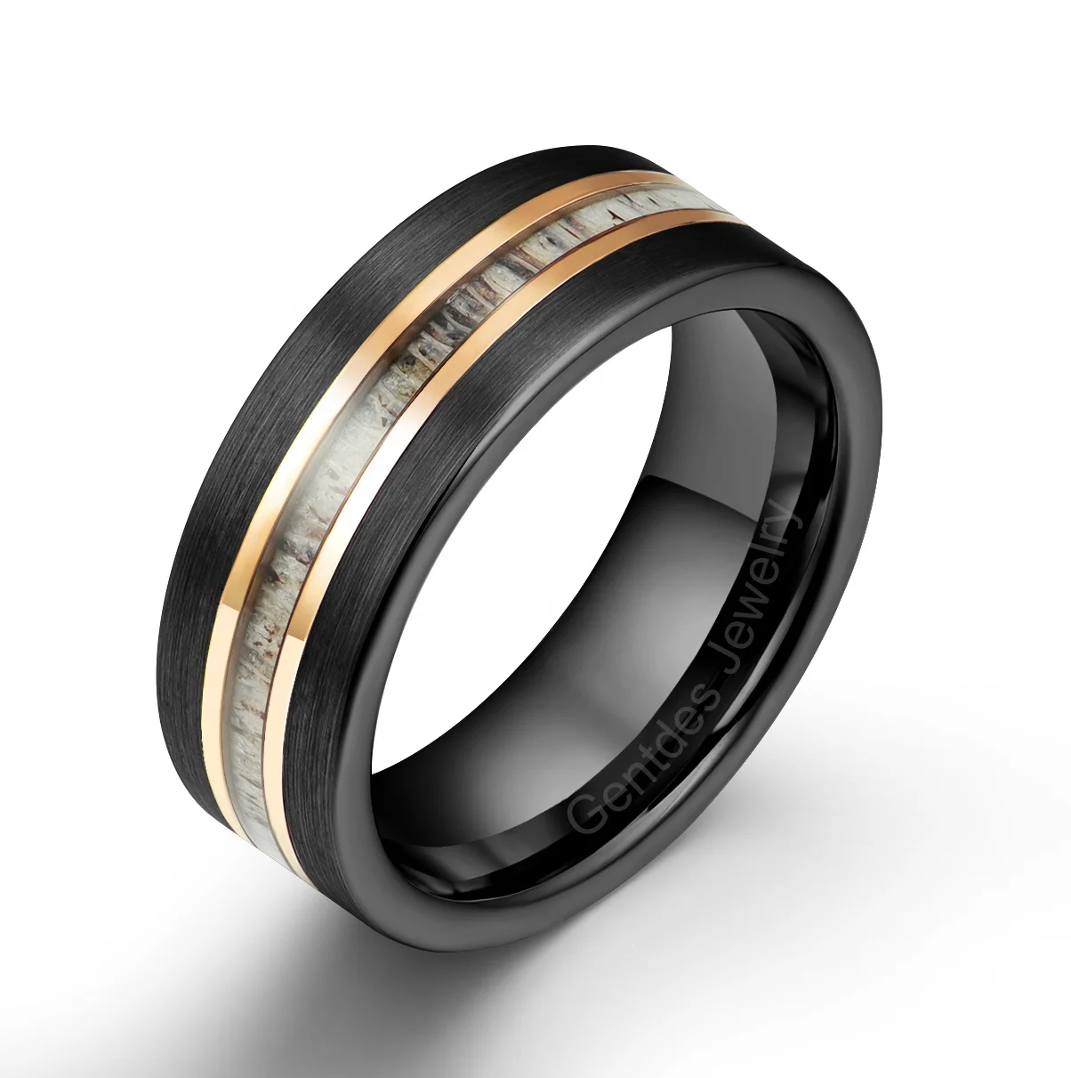 Gentdes Jewelry 8MM Brushed Tungsten Ring Inlay Deer Antler Wedding Bands Rose Gold Tungsten Men Jewelry Wedding Engagement Ring