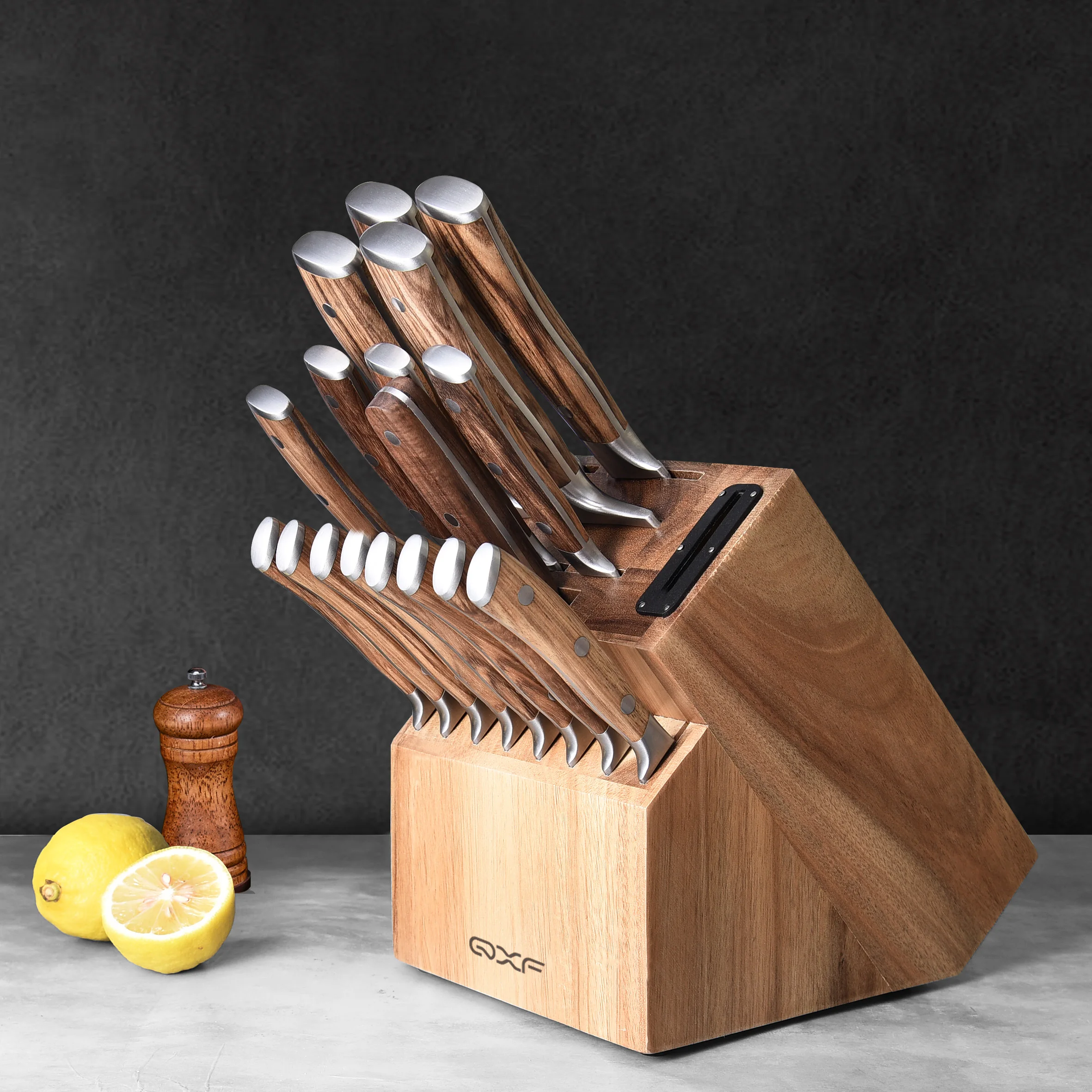 Hot Sale Premium Kitchen Wooden Knife Block Well-chosen Acacia Wood Knife Stand Knife Holder with Sharpener