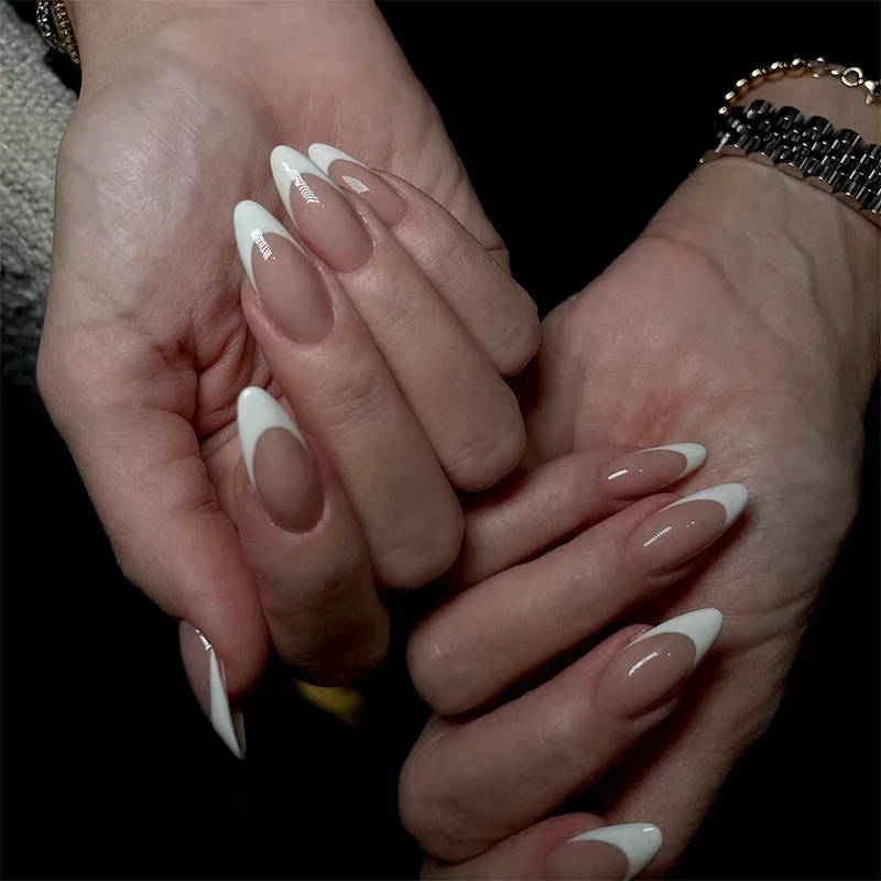 24Pcs Press On Nails  Long Coffin White French Manicure Rhinestone Nails Artificial Press On Nails Luxury Custom Packaging Box