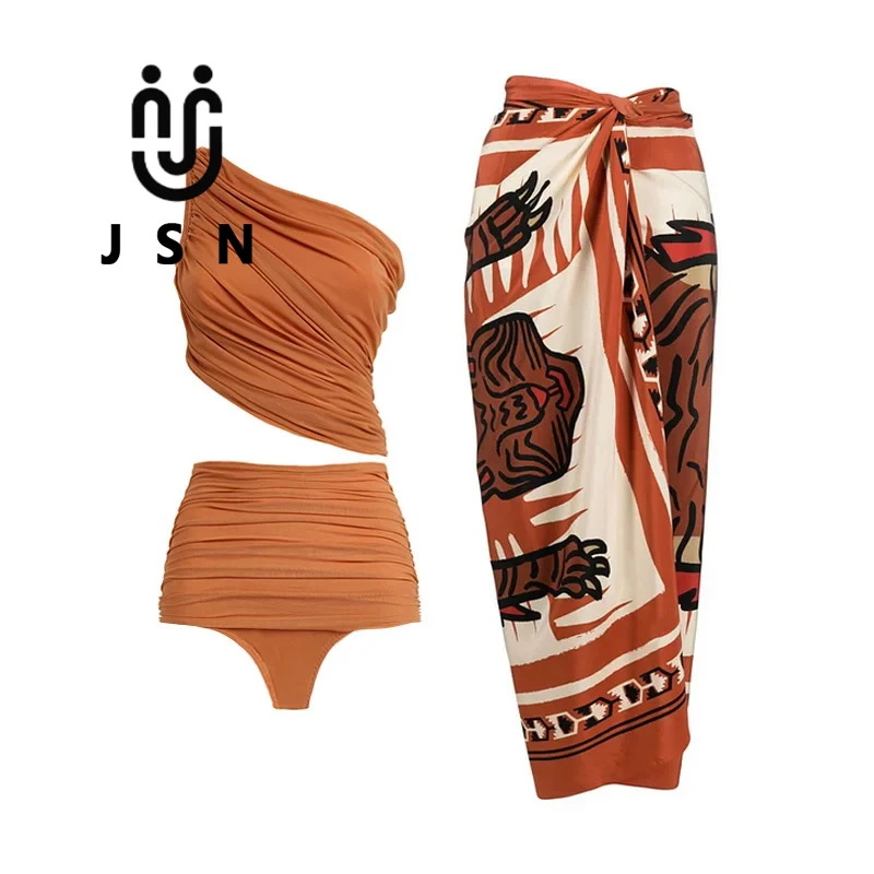 JSN 2024 New vintage brown women swimwear pleated swimming suit one should high waist bikini set with sarong