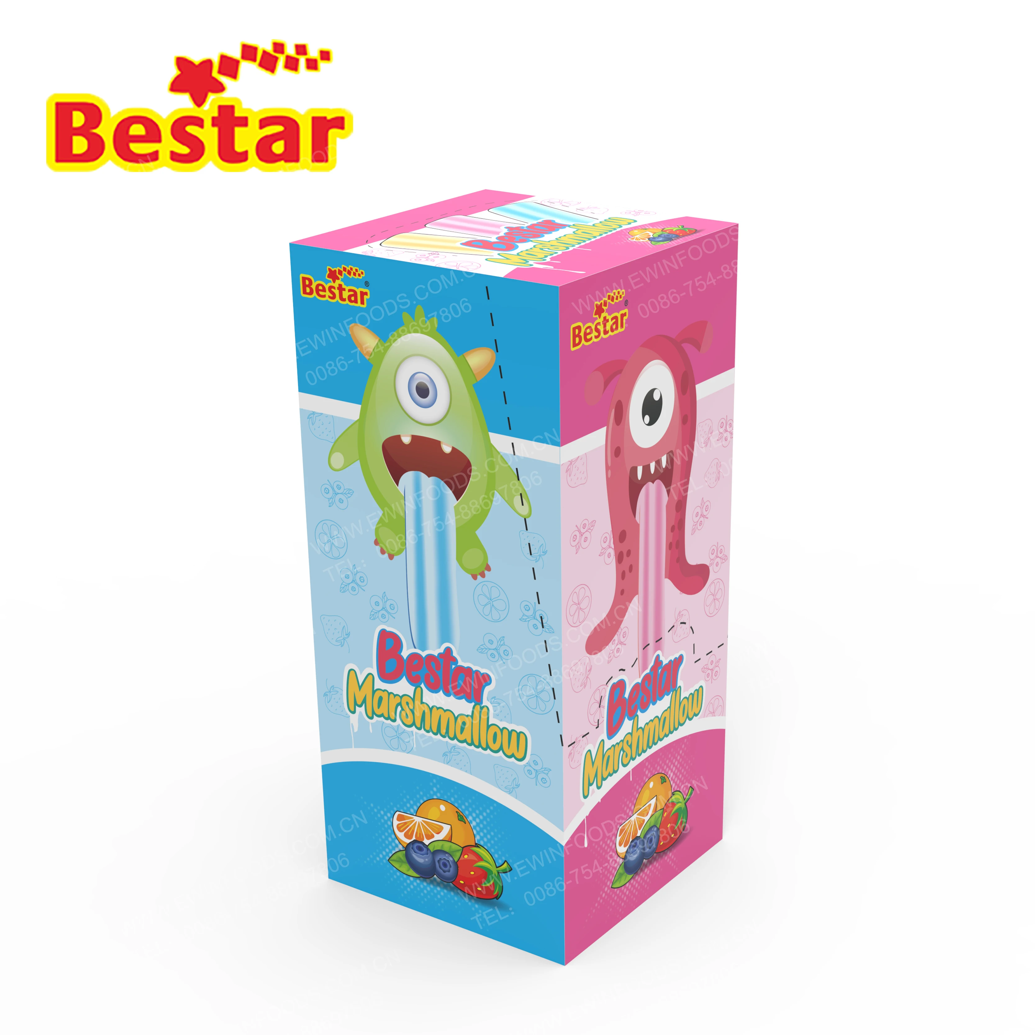 Marshmallow sour taste long and flat shape with acid powder fruit flavors monster shape lovely display box for kids