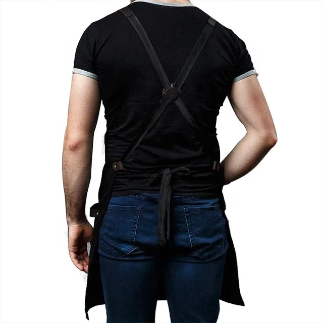 SunYue Working Apron Black Waxed Canvas with Cross Straps Adjustable For Men Women Vintage Heavy Duty Apron