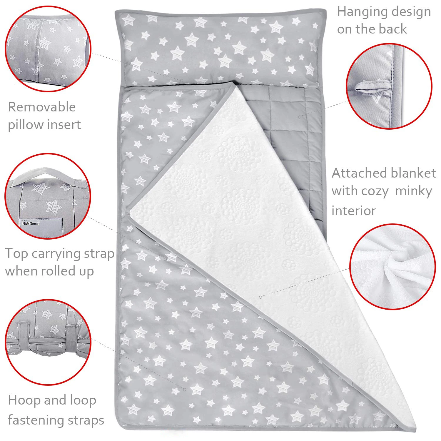 Toddler Nap Mat Gray/Stars With Removable Pillow and Fleece Minky Blanket,Lightweight Nap Mat for Girls, Travel Nap Mat for Boys