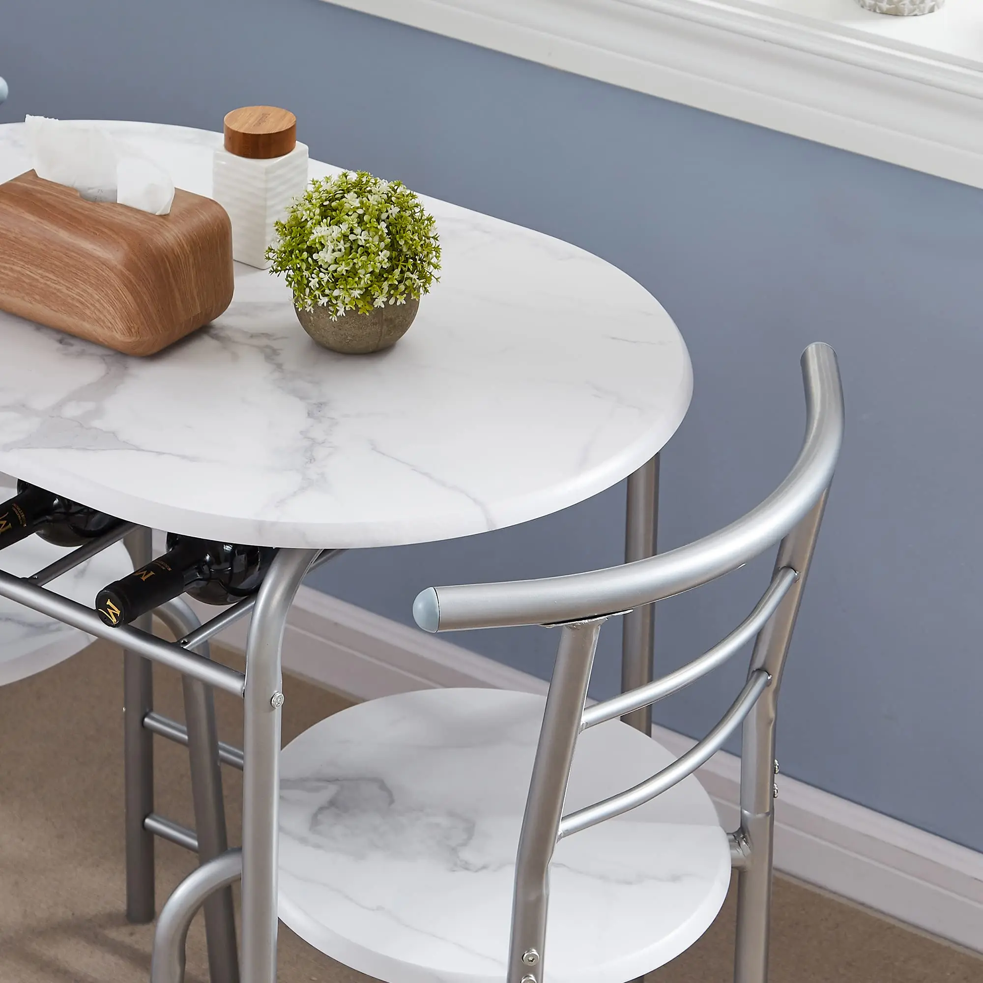 3 Piece Small Round Dining Table Set for Kitchen Breakfast Nook, Wood Grain Tabletop with Wine Storage Rack Save Space White
