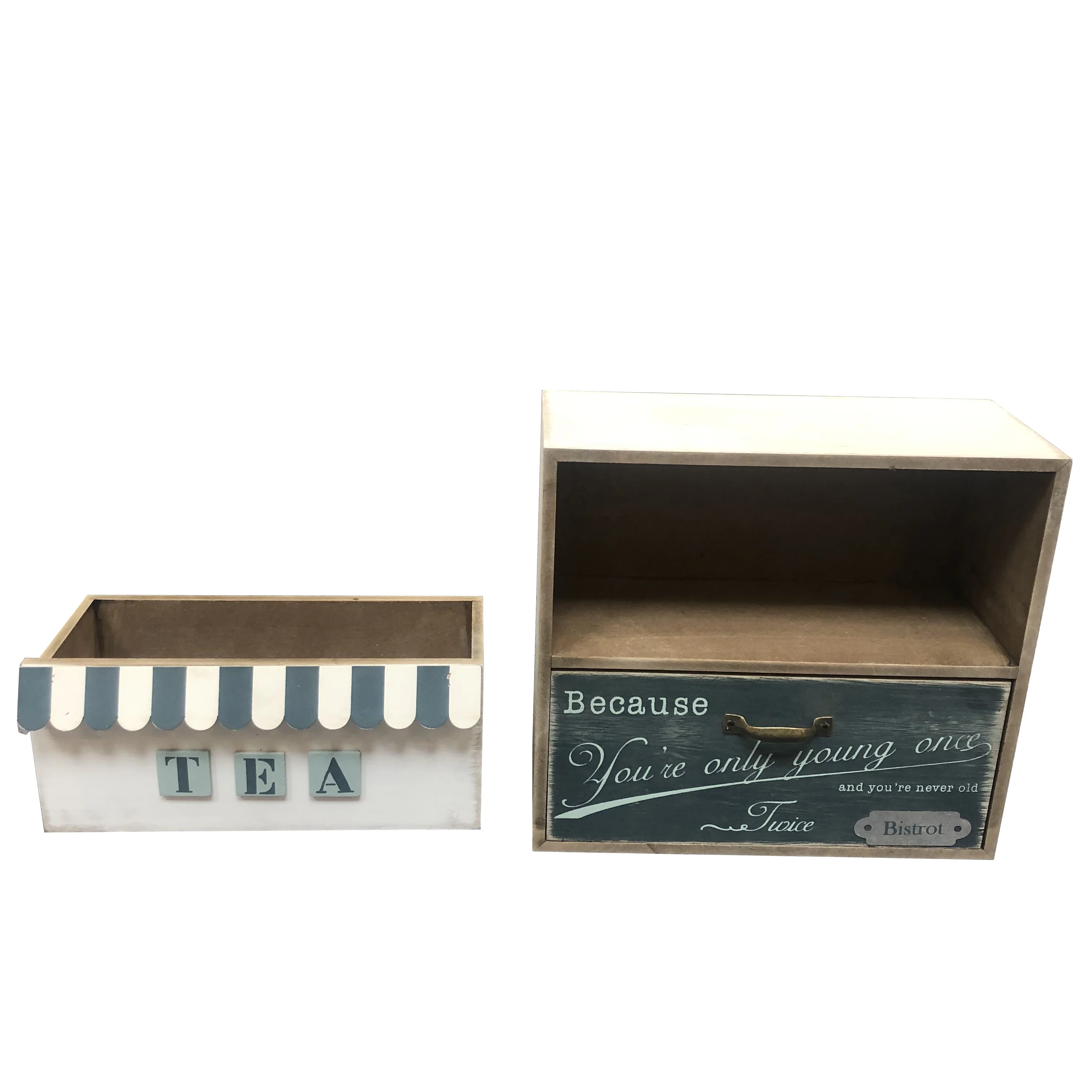 Antique Handmade Home Decoration Packaging MDF Wooden Tea Bag Storage Box With 2 Drawers
