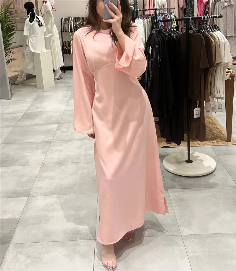 Modest Elegant Floor Length Tee Dress Ladies Slim Plain Long Sleeve Abaya Cotton Linen Maxi Muslim Dresses For Women