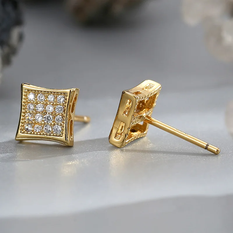 South Korea fresh small village style simple quadrilateral stud female fashion design micro-inset zircon earrings