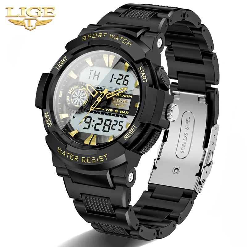 Часы наручные LIGE Мужские кварцевые, водонепроницаемые светодиодные спортивные цифровые с будильником, с коробкой, 50 м