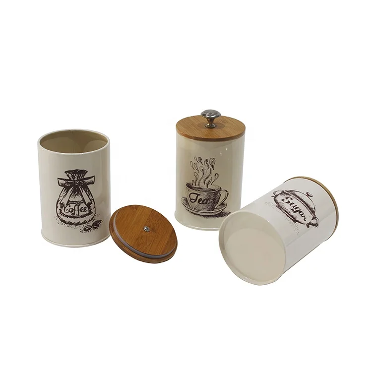 Металлический кремовый 3 шт. винтажный Ретро Кухонный Контейнер Для Хранения Продуктов сахара кофе чая с бамбуковой