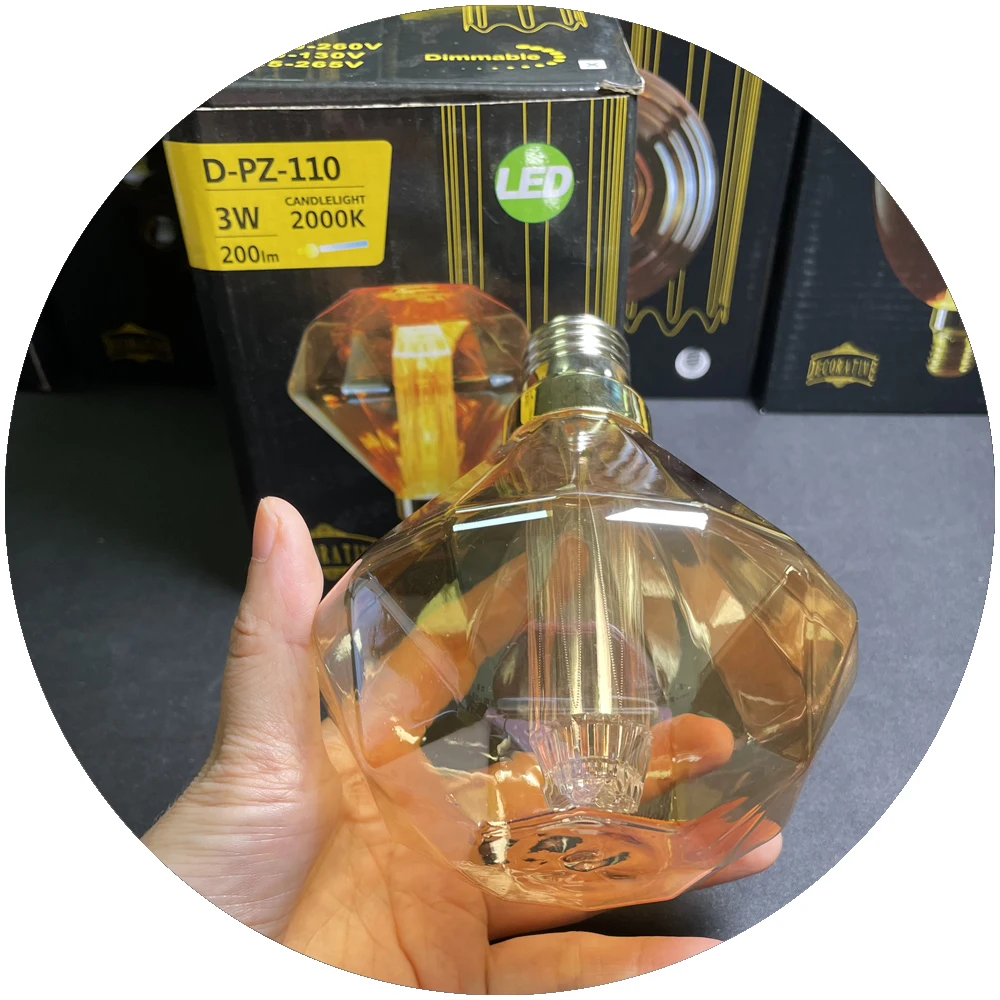 filament 2000k 200lm warm white diamond shape decoration vintage home edison lamp e27 3w gold color light bulb led light