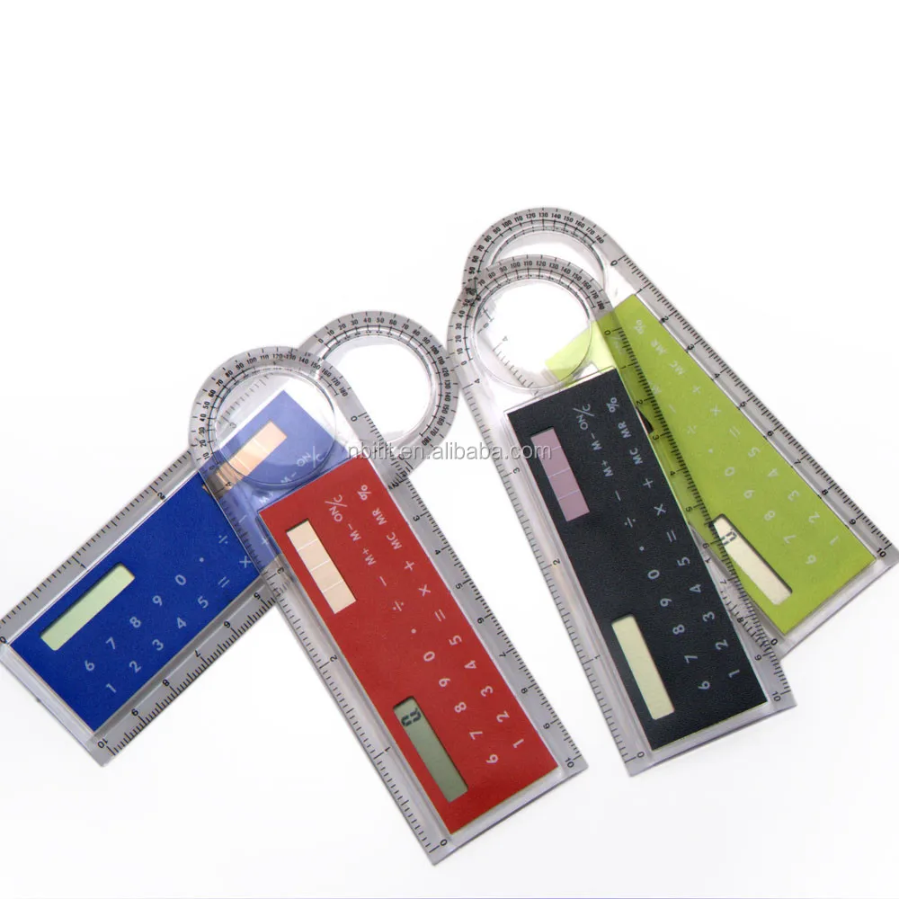 multi-function 10cm  ruler protractor 8 digits solar energy power magnifier calculator