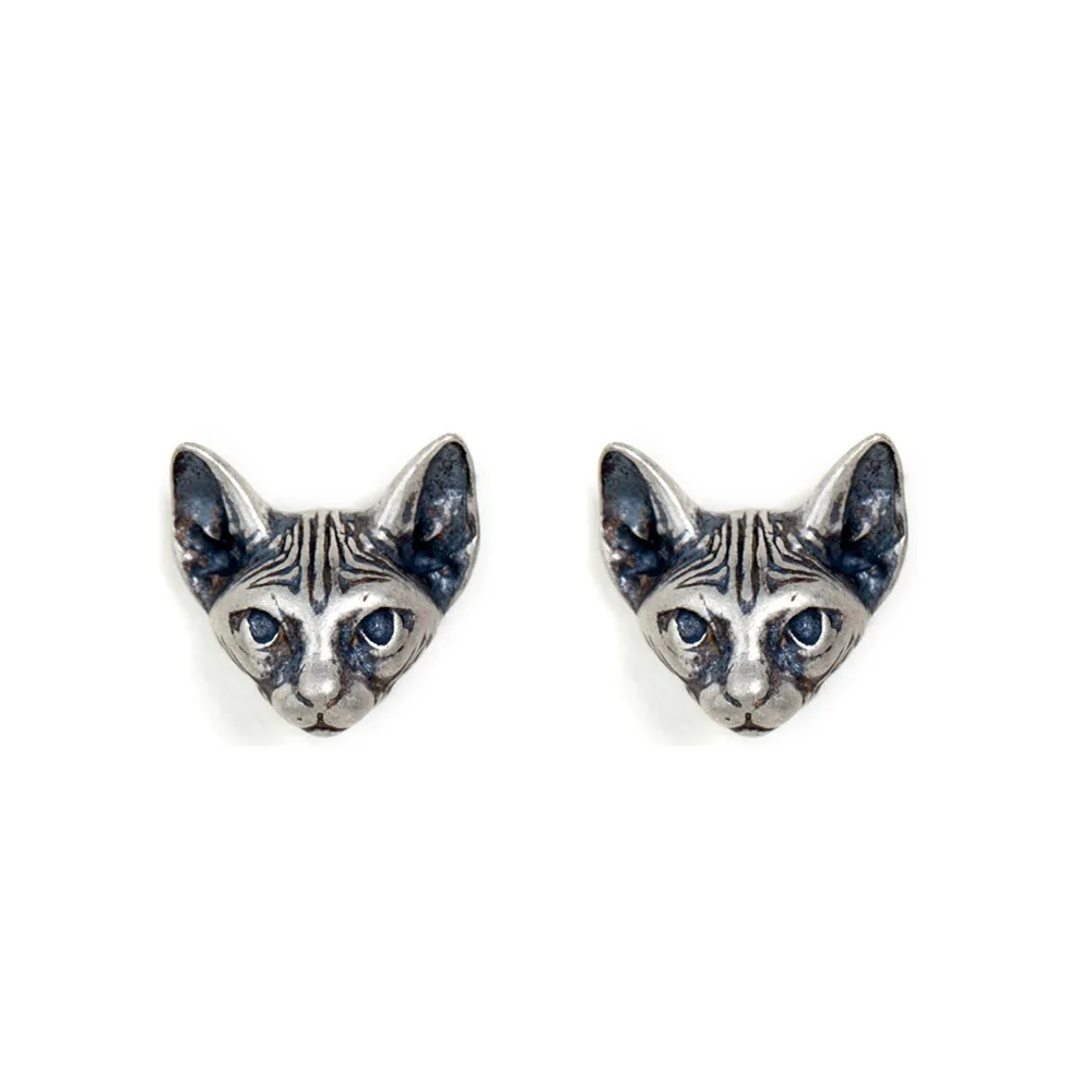 Punk retro oxidation 925 sterling silver blue eyes small cat hip hop stud earrings for men and women